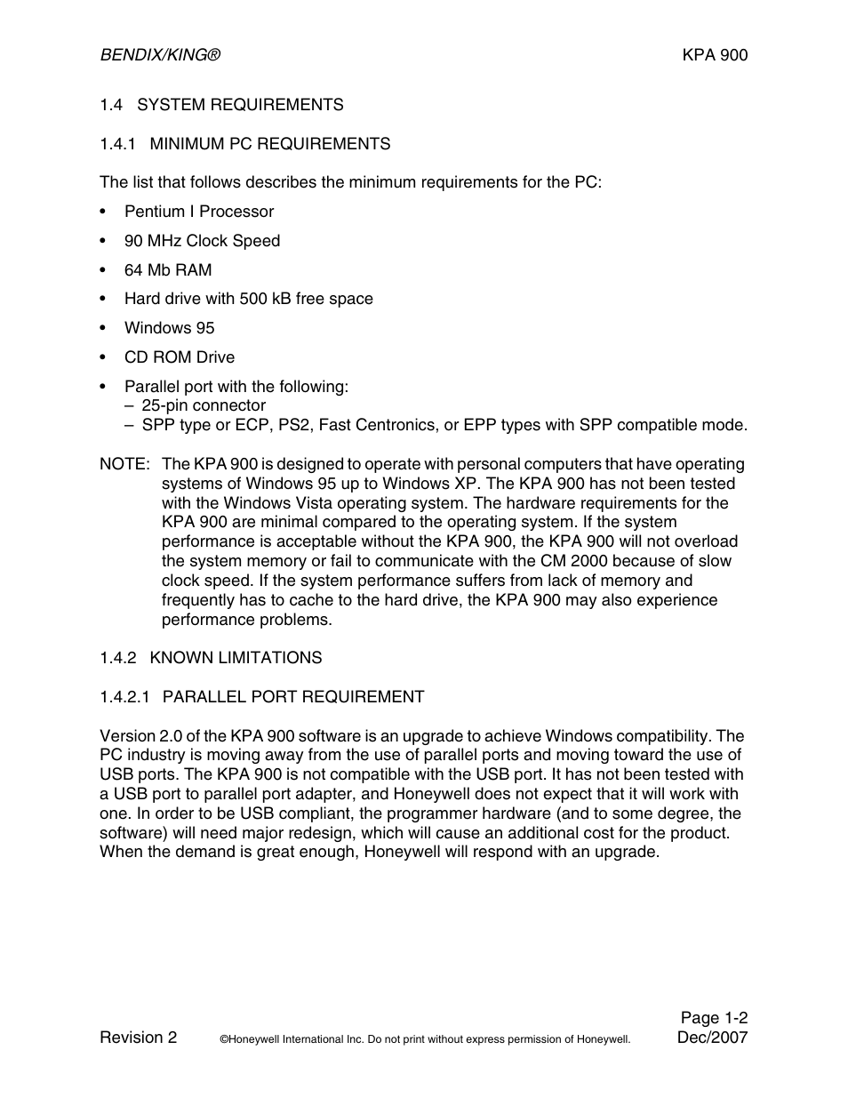 4 system requirements, 1 minimum pc requirements, 2 known limitations | 1 parallel port requirement | BendixKing KPA 900 System RDR-2000 User Manual | Page 14 / 46