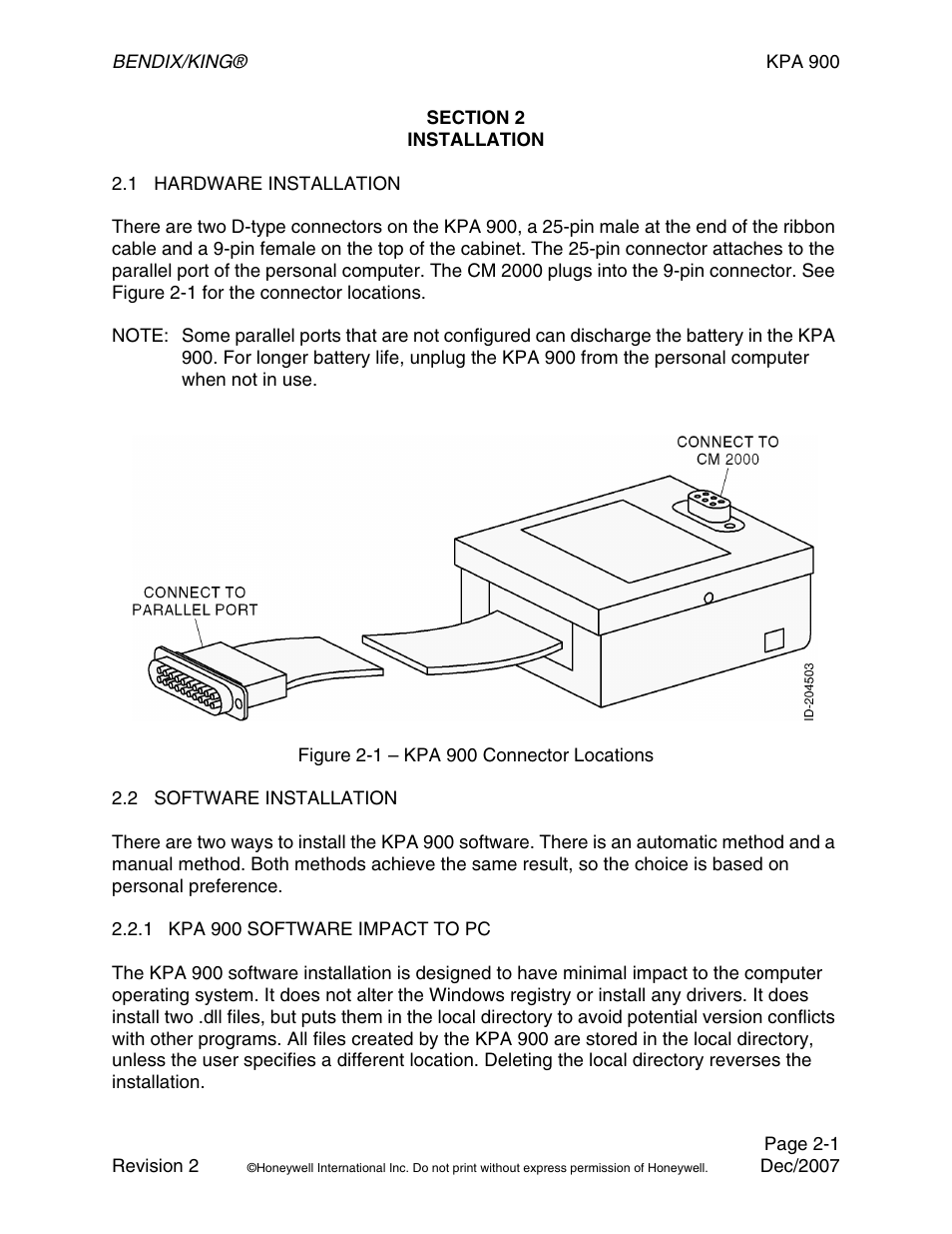 Figure 2-1 – kpa900 connector locations, Section 2 installation, 1 hardware installation | 2 software installation, 1 kpa900 software impact to pc | BendixKing KPA 900 System RDR-2000 User Manual | Page 17 / 46