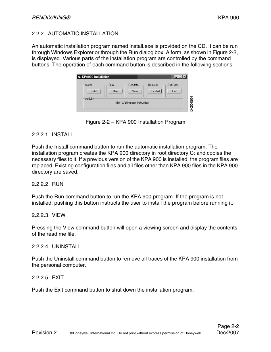 Figure 2-2 – kpa900 installation program, 2 automatic installation, 1 install | 2 run, 3 view, 4 uninstall, 5 exit | BendixKing KPA 900 System RDR-2000 User Manual | Page 18 / 46