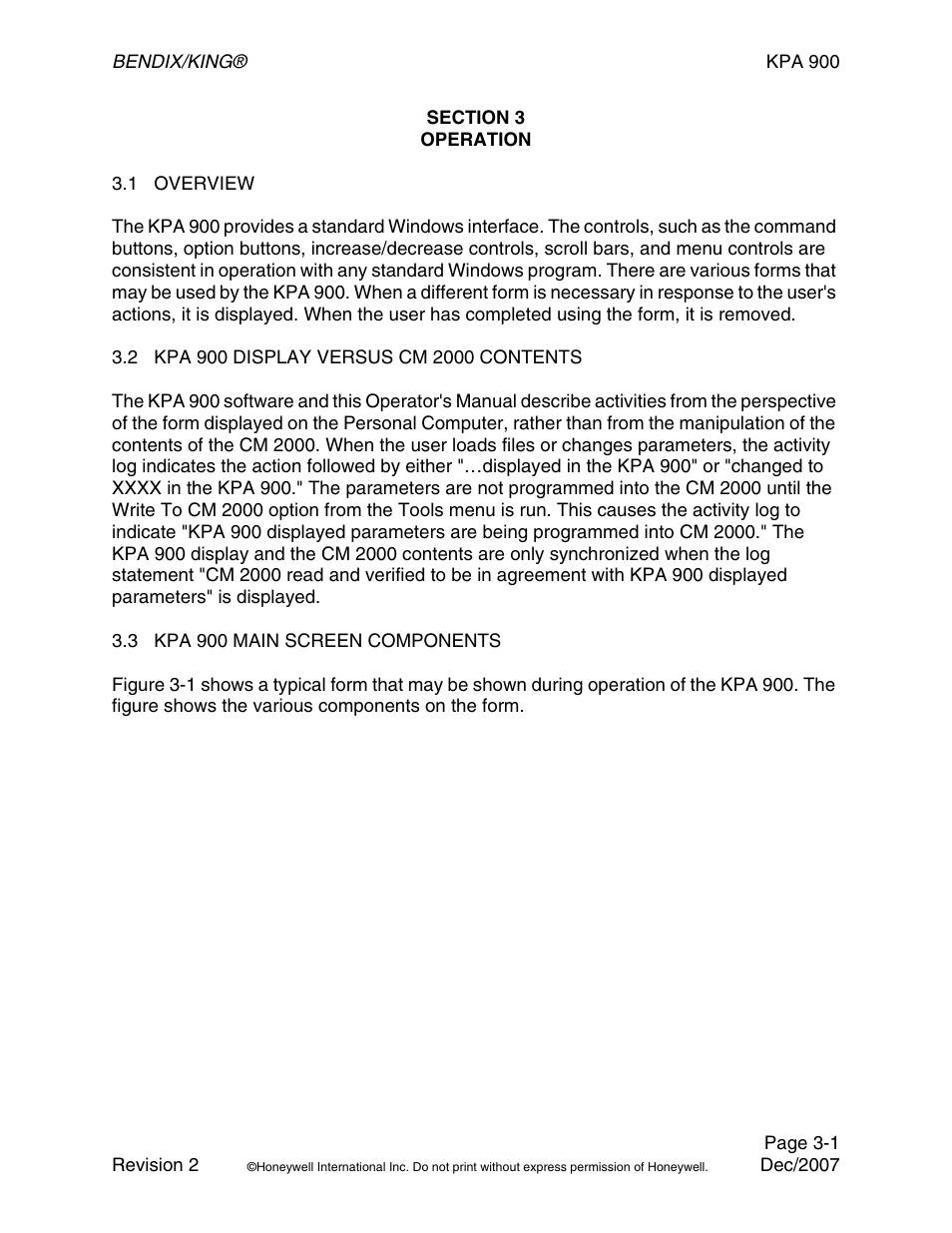 Section 3 operation, 1 overview, 2 kpa900 display versus cm2000 contents | 3 kpa900 main screen components | BendixKing KPA 900 System RDR-2000 User Manual | Page 21 / 46