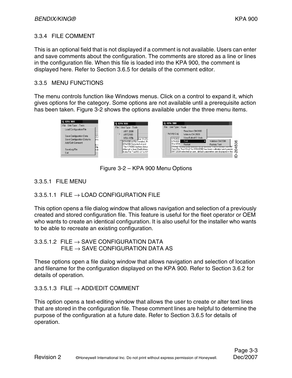 Figure 3-2 – kpa900 menu options, 4 file comment, 5 menu functions | 1 file menu | BendixKing KPA 900 System RDR-2000 User Manual | Page 23 / 46