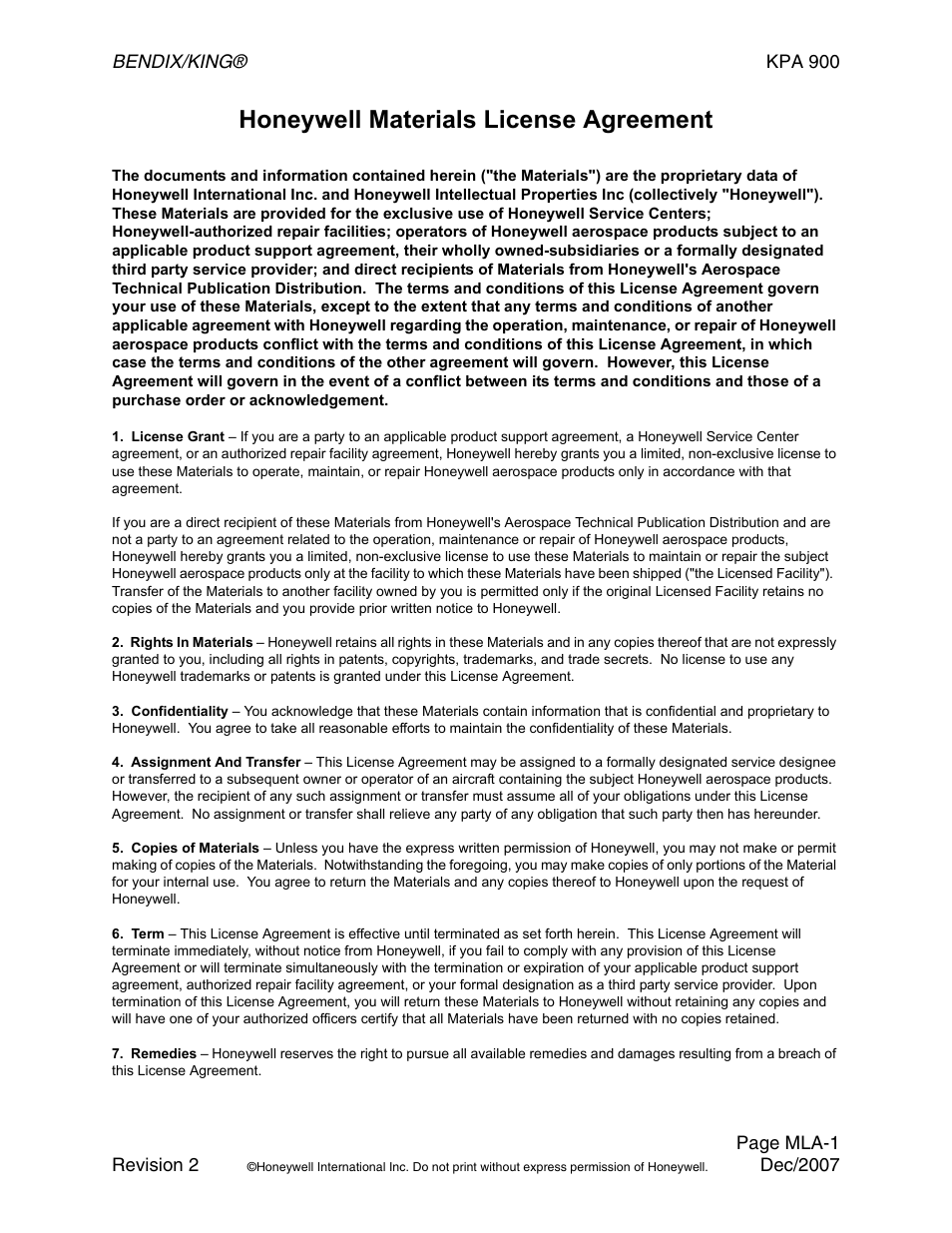 Proprietary notice, Honeywell materials license agreement | BendixKing KPA 900 System RDR-2000 User Manual | Page 3 / 46