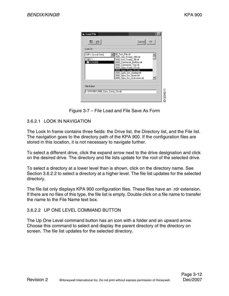 Figure 3-7 – file load and file save as form, 1 look in navigation, 2 up one level command button | BendixKing KPA 900 System RDR-2000 User Manual | Page 32 / 46