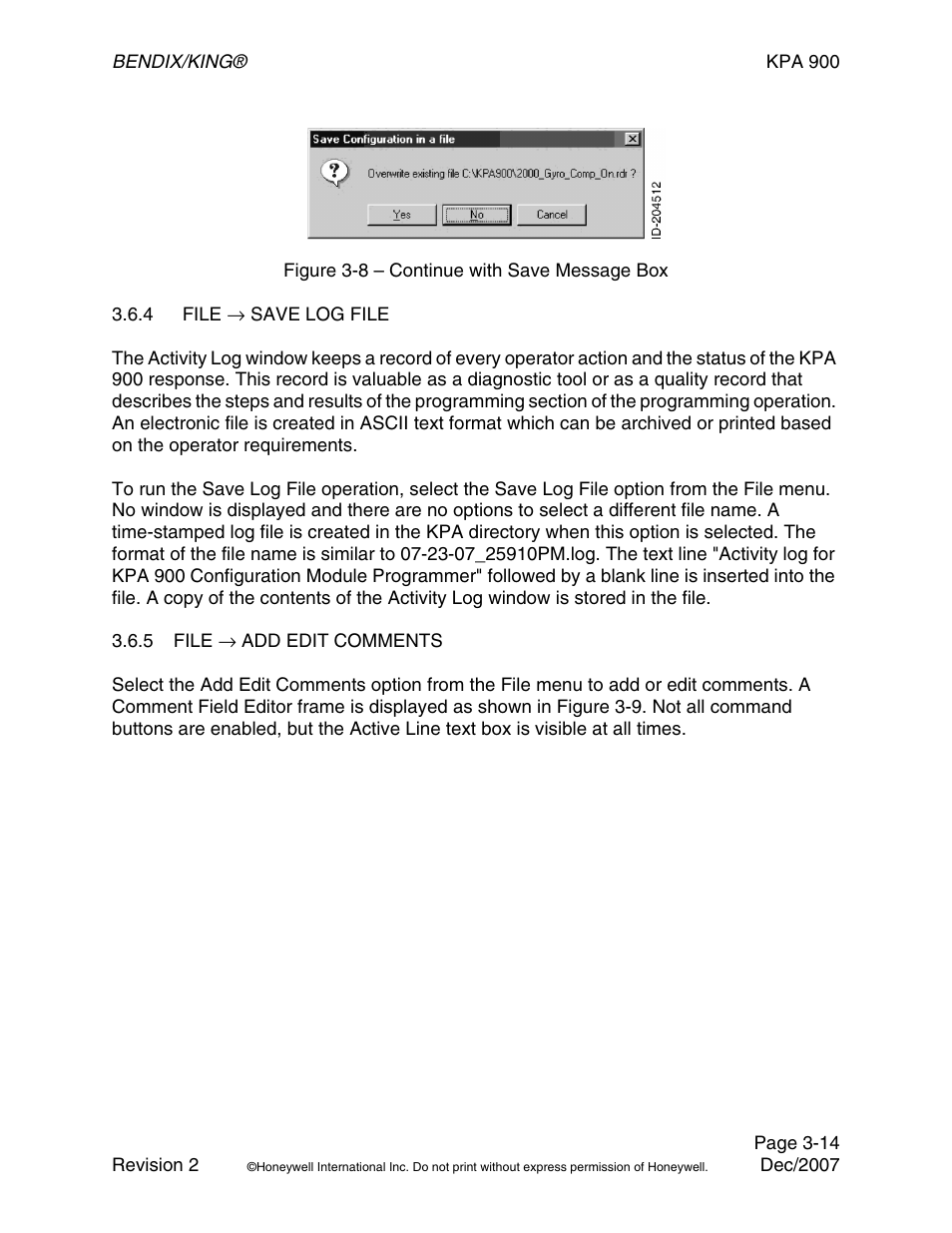 Figure 3-8 – continue with save message box, 4 file → save log file, 5 file → add edit comments | BendixKing KPA 900 System RDR-2000 User Manual | Page 34 / 46