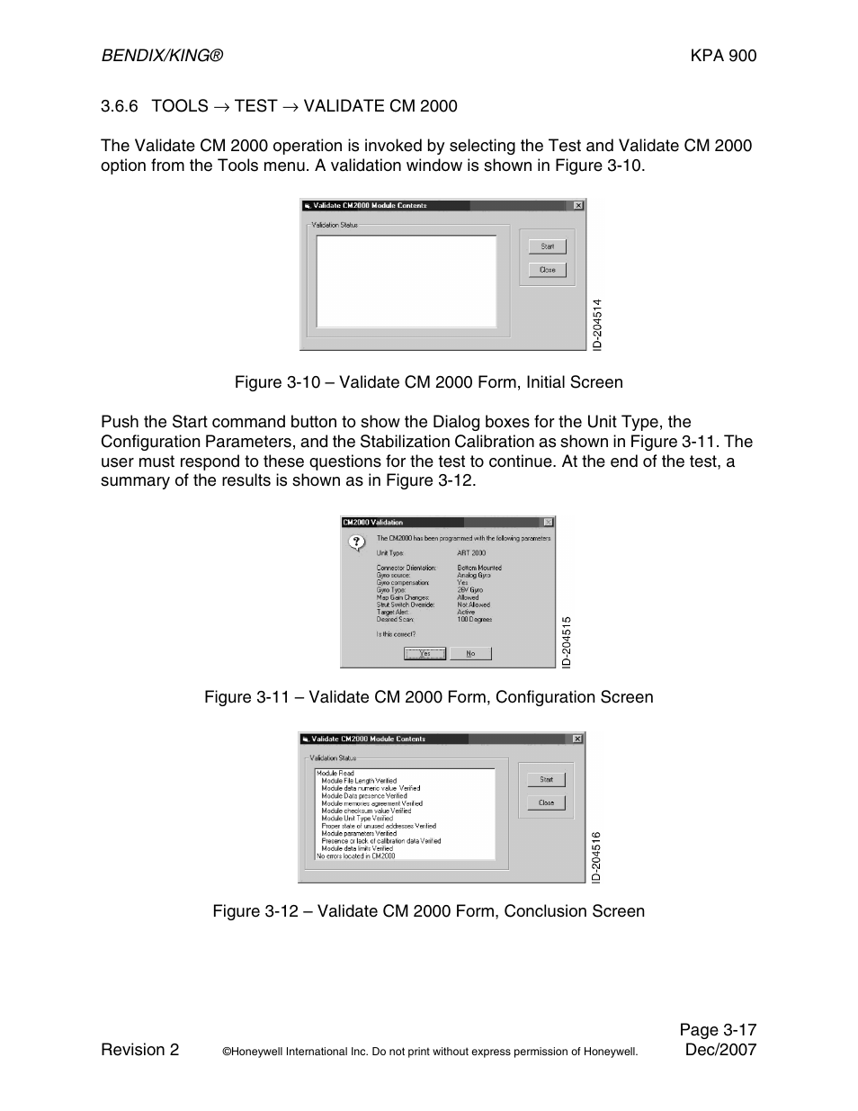 Figure 3-10 – validate cm2000 form, initial screen, 6 tools → test → validate cm2000 | BendixKing KPA 900 System RDR-2000 User Manual | Page 37 / 46