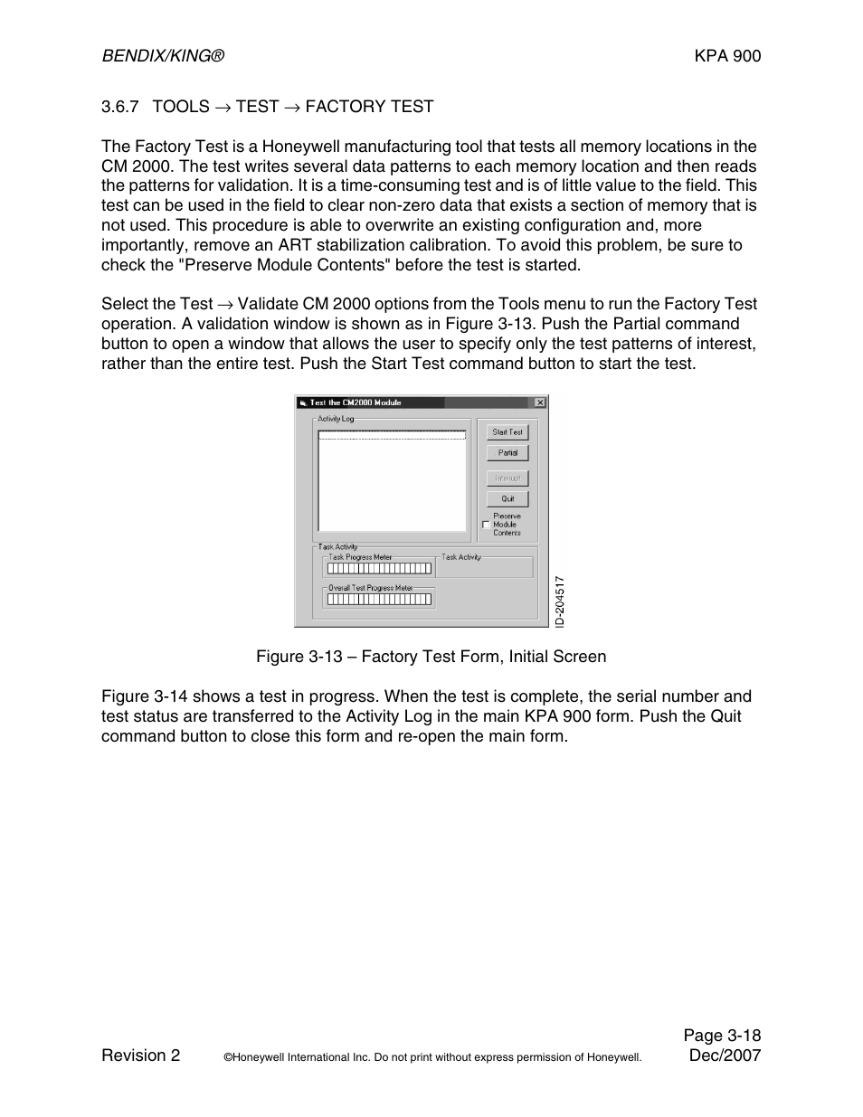 Figure 3-13 – factory test form, initial screen, 7 tools → test → factory test | BendixKing KPA 900 System RDR-2000 User Manual | Page 38 / 46