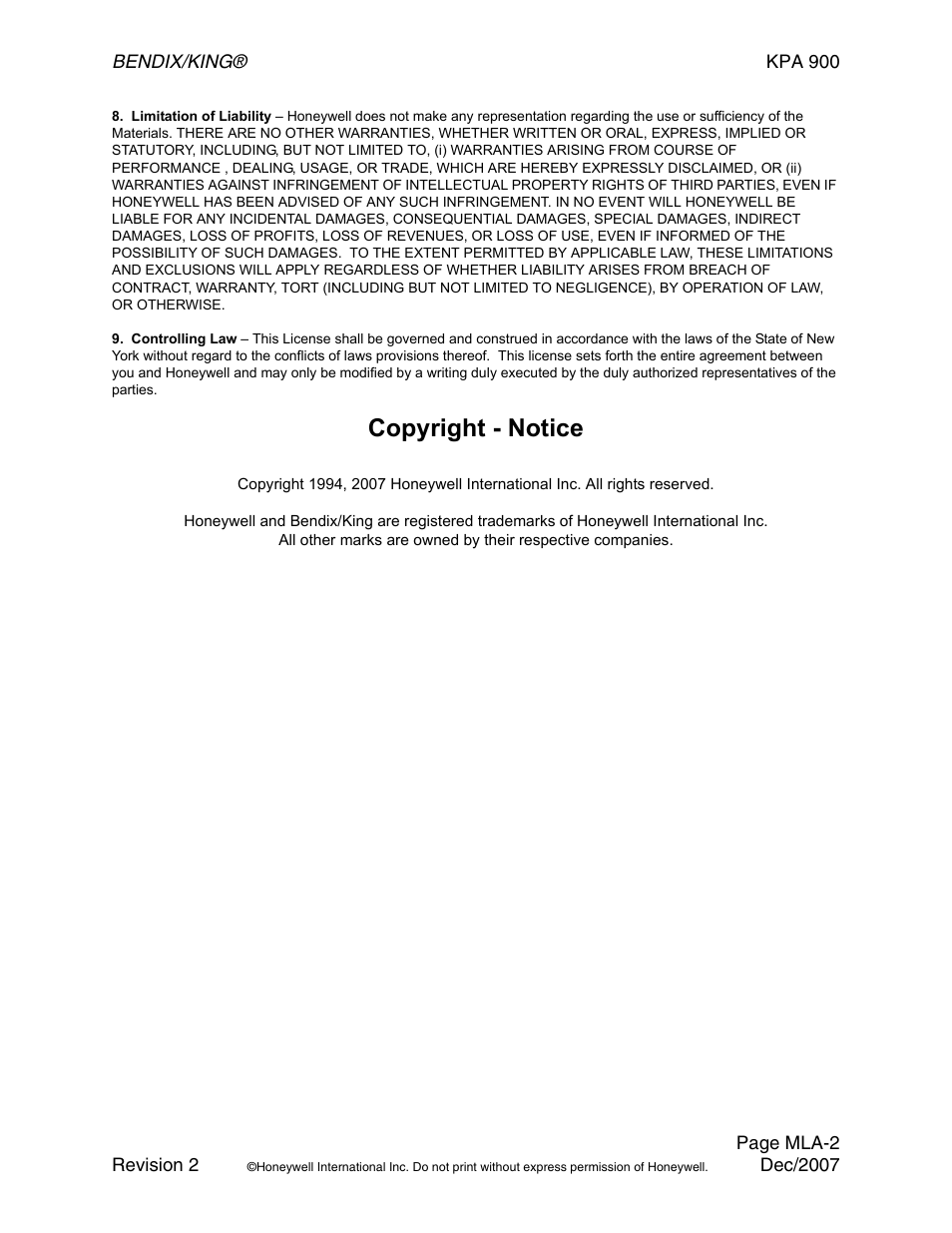 Copyright - notice | BendixKing KPA 900 System RDR-2000 User Manual | Page 4 / 46
