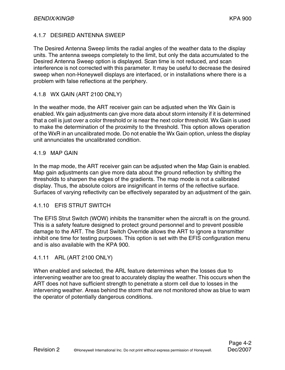 7 desired antenna sweep, 8 wx gain (art2100 only), 9 map gain | 10 efis strut switch, 11 arl (art2100 only) | BendixKing KPA 900 System RDR-2000 User Manual | Page 44 / 46