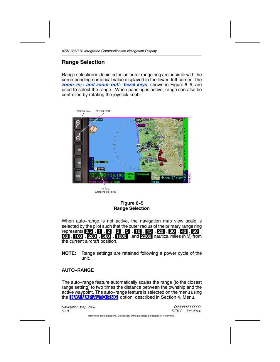 Figure 6-5 range selection, Range selection | BendixKing KSN 770 - Pilots Guide User Manual | Page 108 / 467