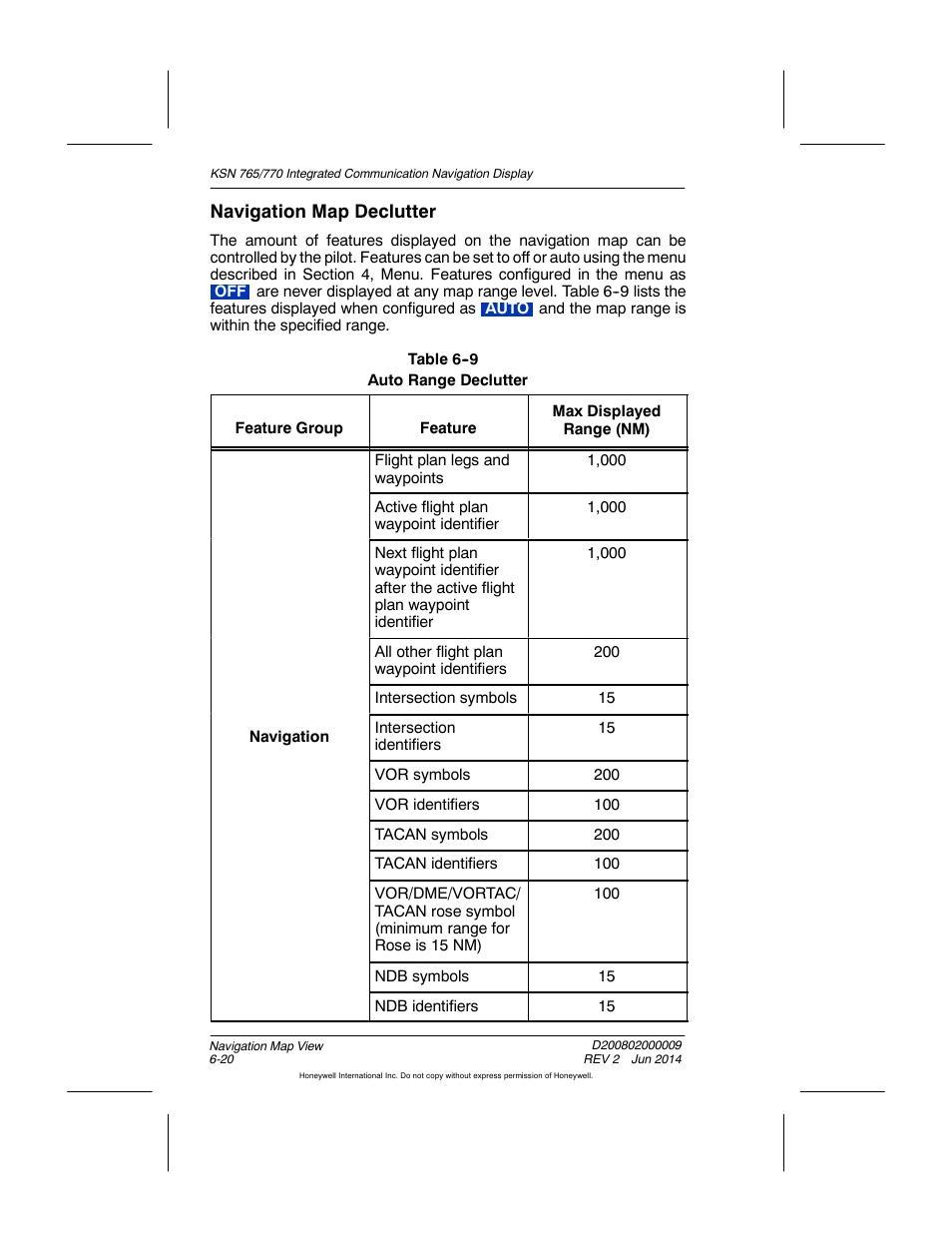 Table 6-9 auto range declutter, Navigation map declutter | BendixKing KSN 770 - Pilots Guide User Manual | Page 118 / 467