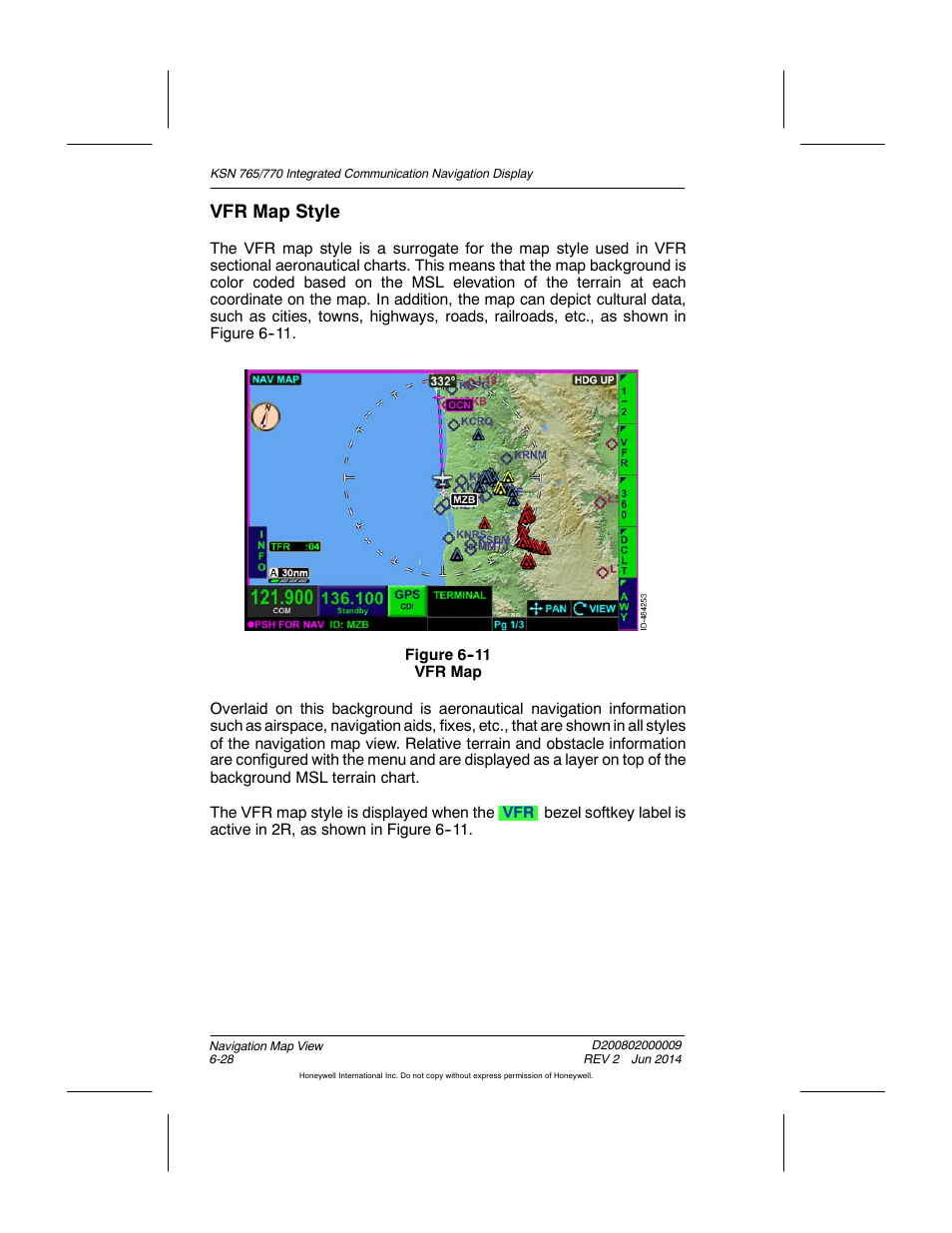 Figure 6-11 vfr map, Vfr map style | BendixKing KSN 770 - Pilots Guide User Manual | Page 126 / 467