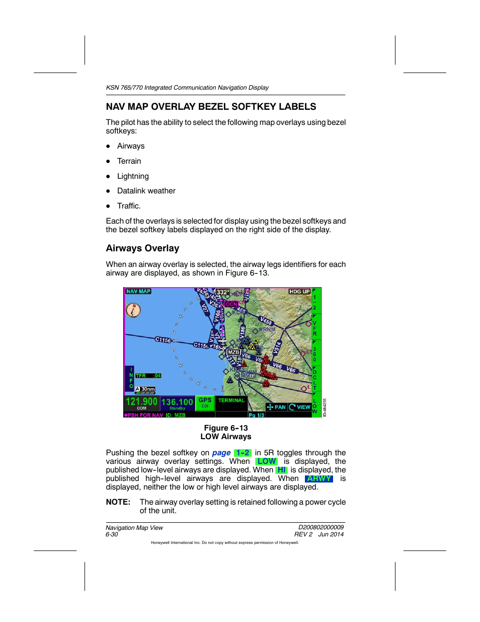Figure 6-13 low airways, Nav map overlay bezel softkey labels, Airways overlay | BendixKing KSN 770 - Pilots Guide User Manual | Page 128 / 467