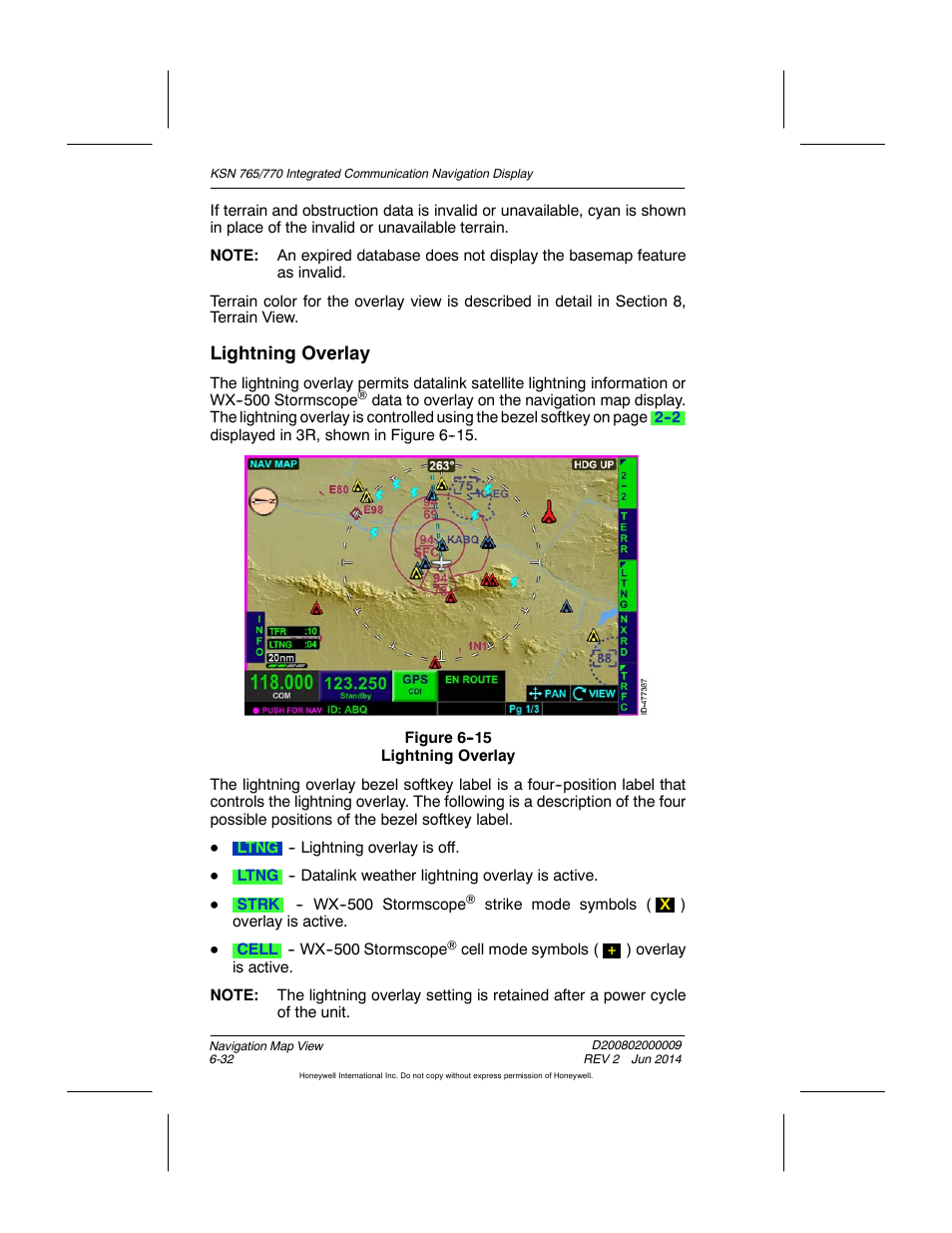 Figure 6-15 lightning overlay, Lightning overlay | BendixKing KSN 770 - Pilots Guide User Manual | Page 130 / 467