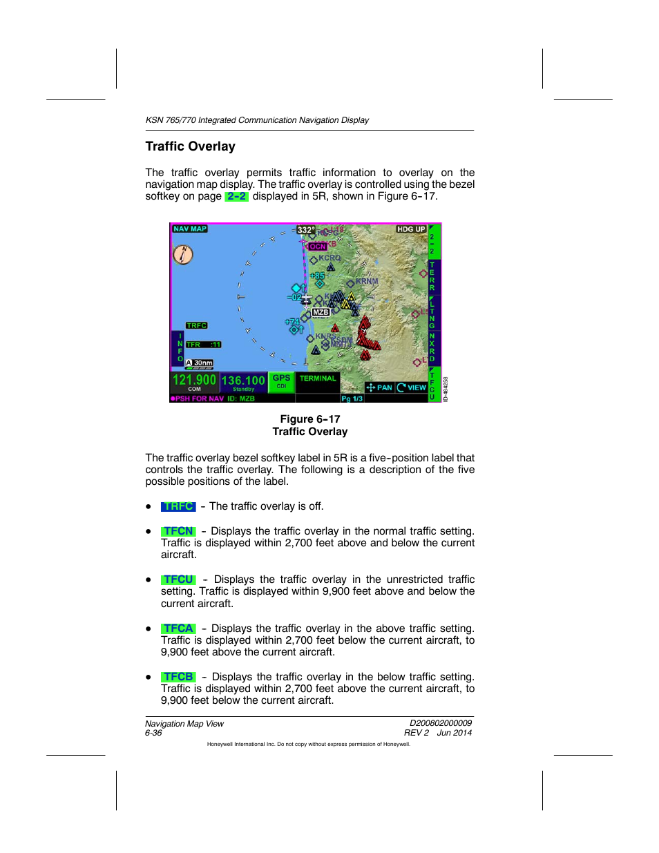 Figure 6-17 traffic overlay, Traffic overlay | BendixKing KSN 770 - Pilots Guide User Manual | Page 134 / 467