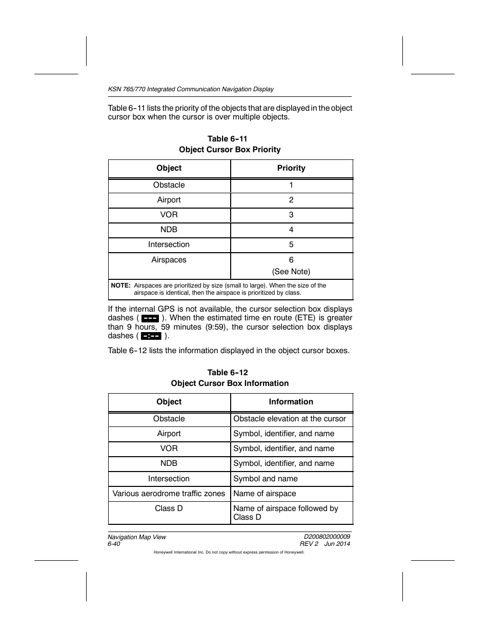 Table 6-11 object cursor box priority, Table 6-12 object cursor box information | BendixKing KSN 770 - Pilots Guide User Manual | Page 138 / 467