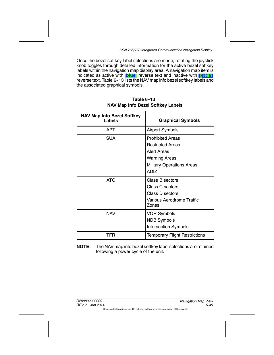 Table 6-13 nav map info bezel softkey labels | BendixKing KSN 770 - Pilots Guide User Manual | Page 143 / 467