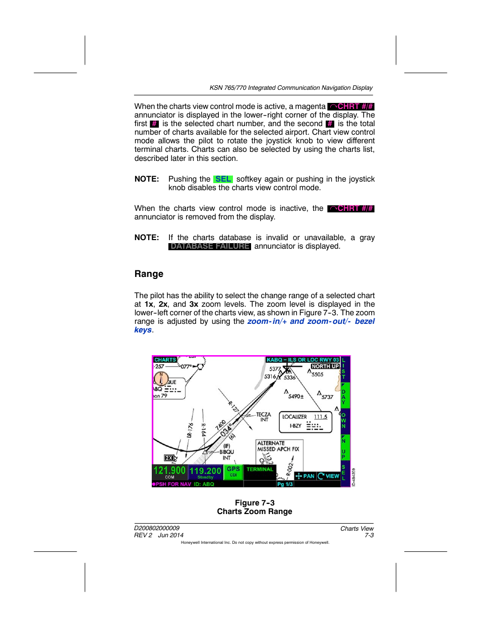 Figure 7-3 charts zoom range, Range | BendixKing KSN 770 - Pilots Guide User Manual | Page 157 / 467