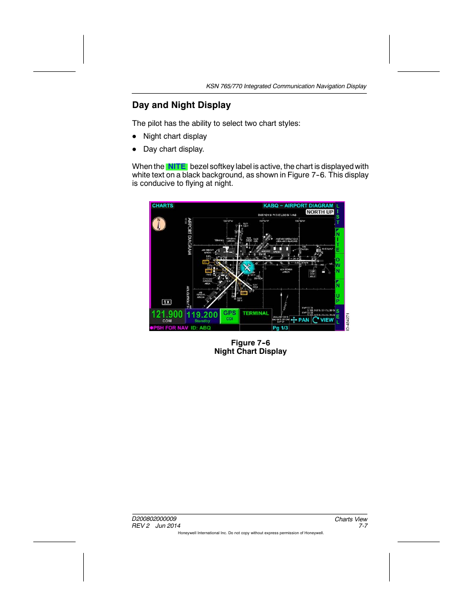 Figure 7-6 night chart display, Day and night display | BendixKing KSN 770 - Pilots Guide User Manual | Page 161 / 467