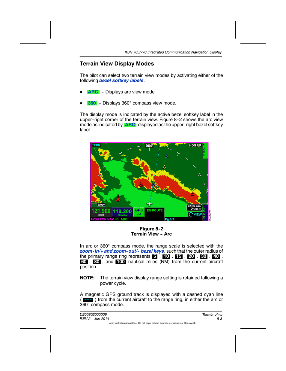 Figure 8-2 terrain view - arc, Terrain view display modes | BendixKing KSN 770 - Pilots Guide User Manual | Page 175 / 467