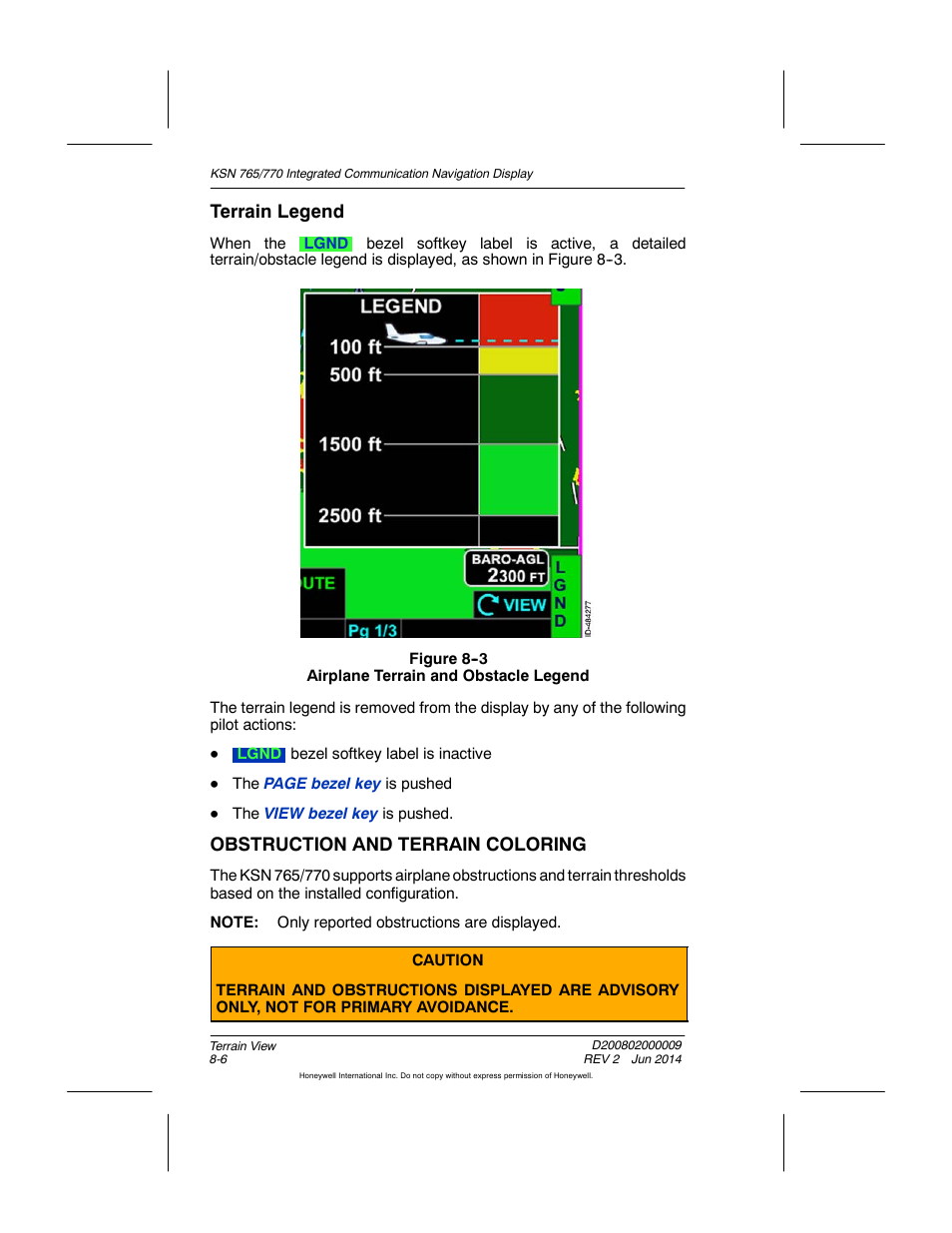Figure 8-3 airplane terrain and obstacle legend, Terrain legend, Obstruction and terrain coloring | BendixKing KSN 770 - Pilots Guide User Manual | Page 178 / 467