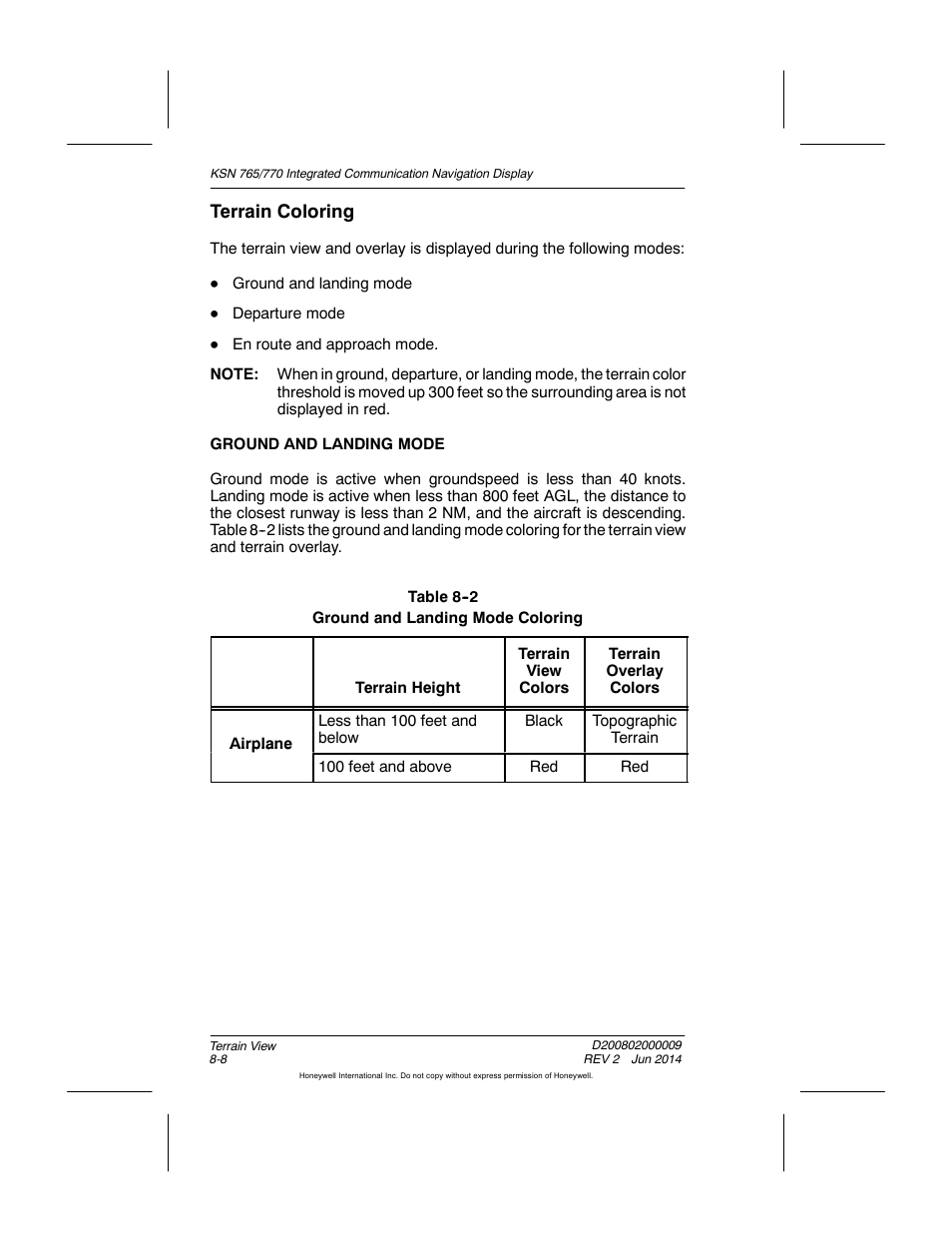 Table 8-2 ground and landing mode coloring, Terrain coloring | BendixKing KSN 770 - Pilots Guide User Manual | Page 180 / 467