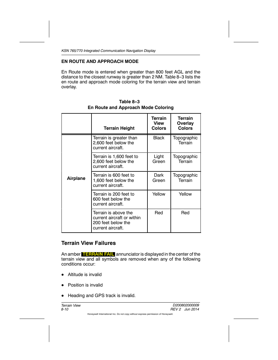 Table 8-3 en route and approach mode coloring, Terrain view failures | BendixKing KSN 770 - Pilots Guide User Manual | Page 182 / 467