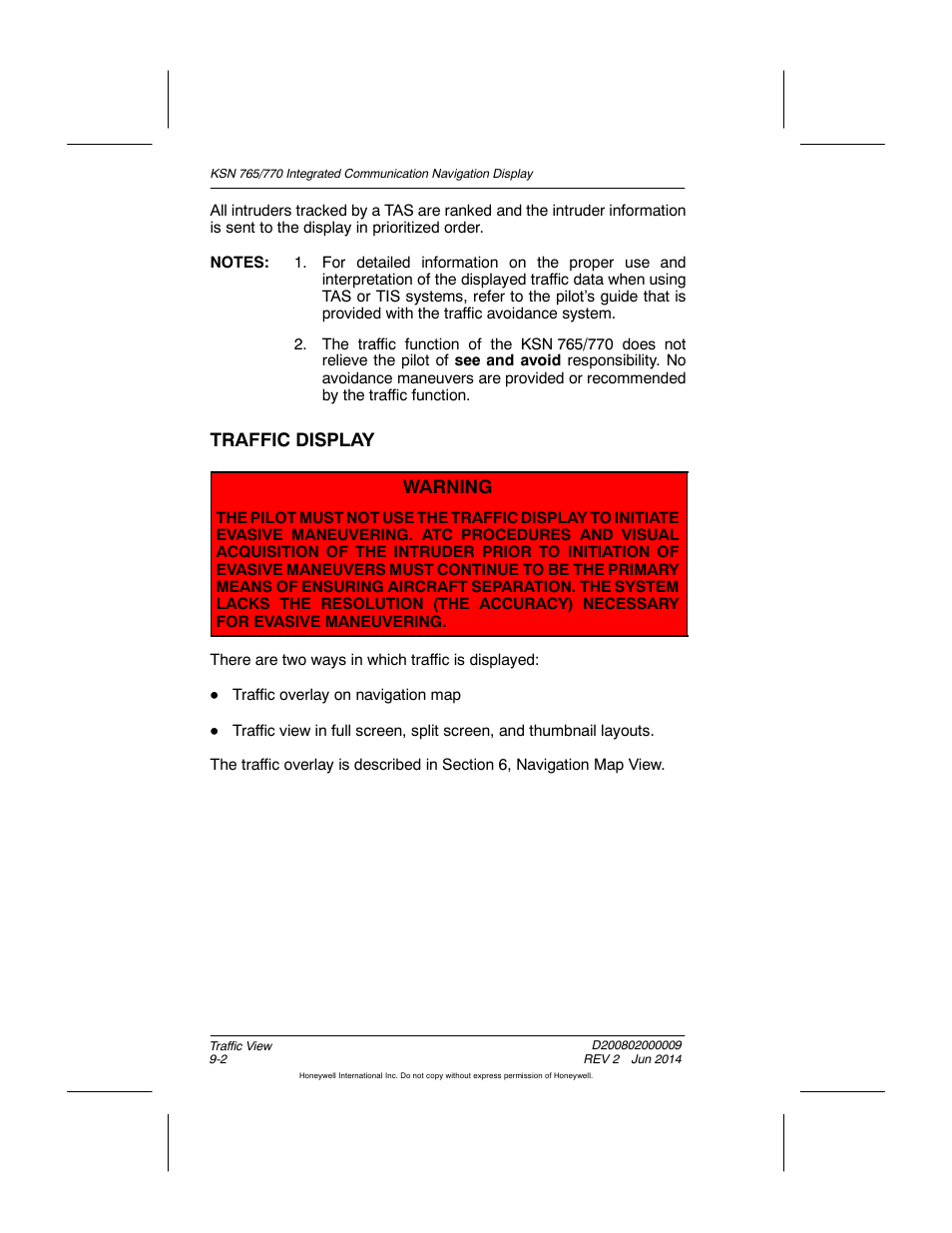 Traffic display, Traffic display warning | BendixKing KSN 770 - Pilots Guide User Manual | Page 184 / 467