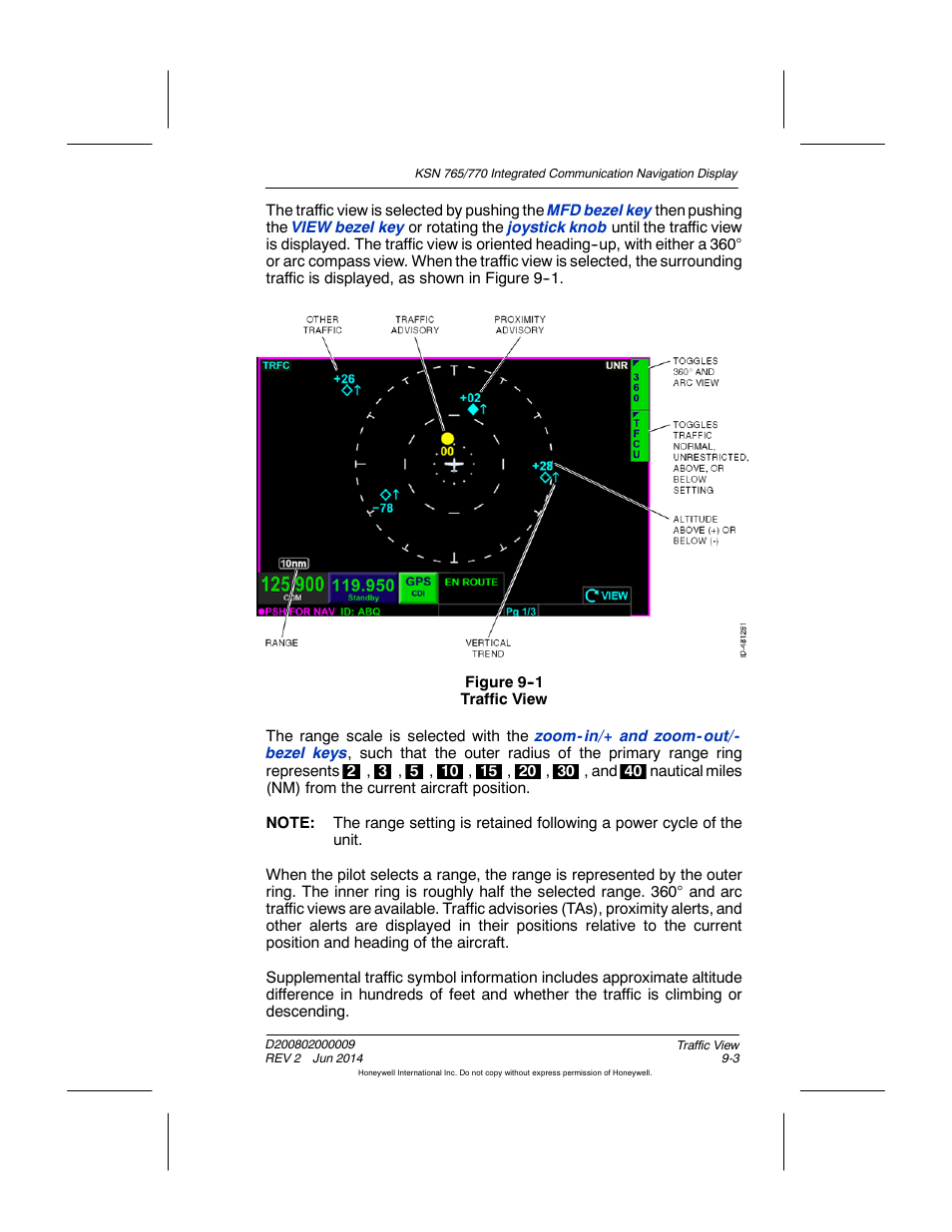 Figure 9-1 traffic view | BendixKing KSN 770 - Pilots Guide User Manual | Page 185 / 467