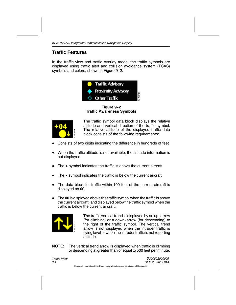 Figure 9-2 traffic awareness symbols, Traffic features | BendixKing KSN 770 - Pilots Guide User Manual | Page 186 / 467