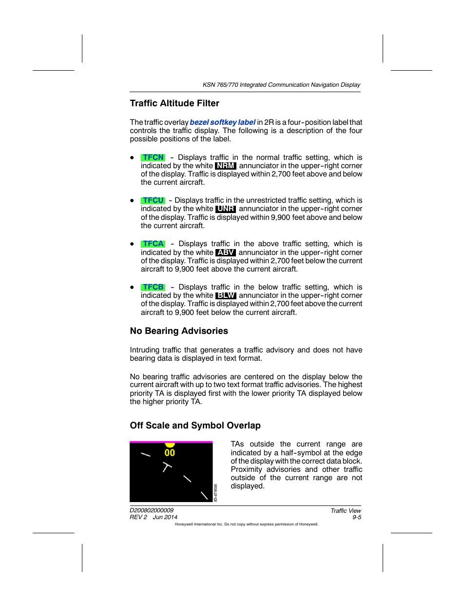 Traffic altitude filter, No bearing advisories, Off scale and symbol overlap | BendixKing KSN 770 - Pilots Guide User Manual | Page 187 / 467