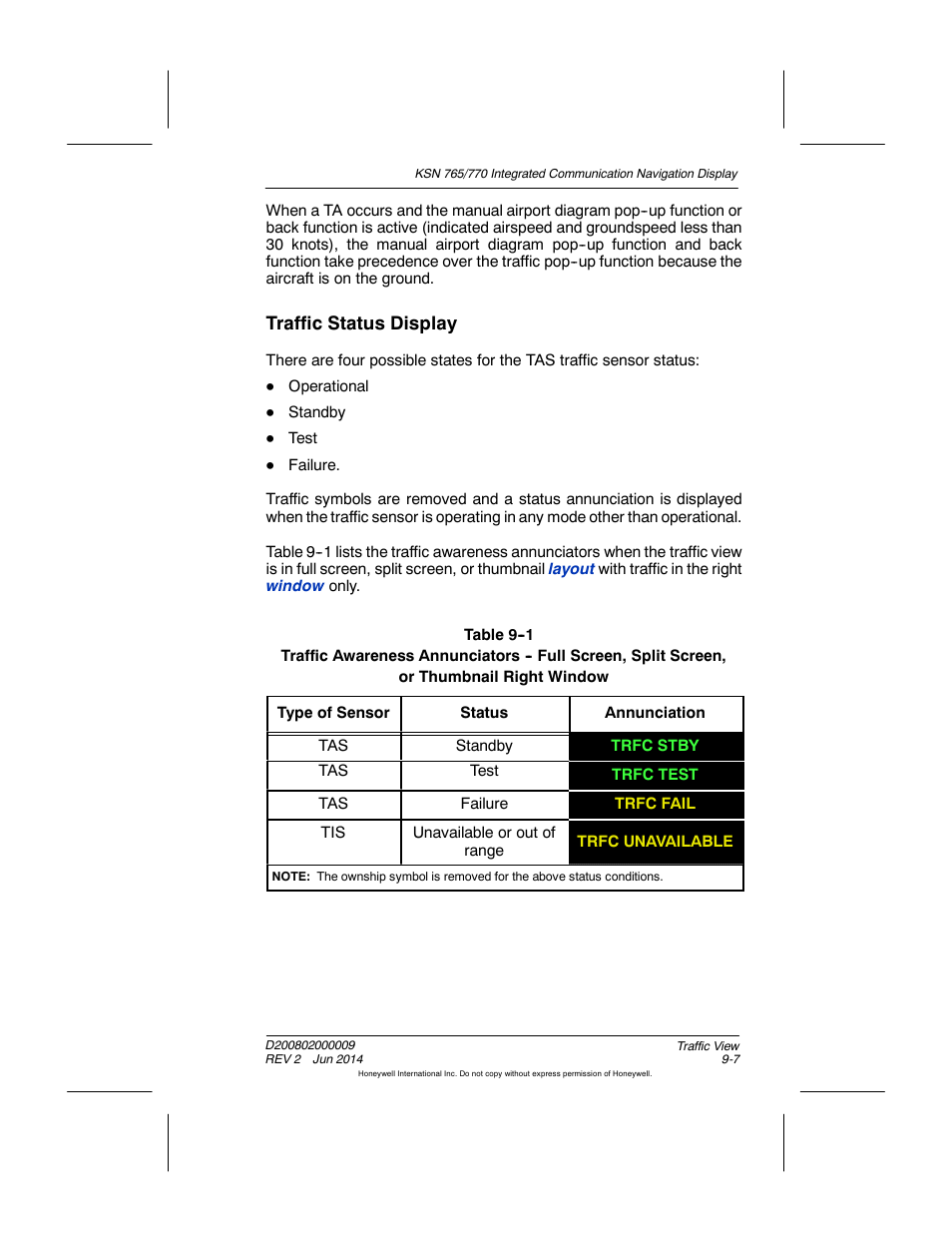 Traffic status display | BendixKing KSN 770 - Pilots Guide User Manual | Page 189 / 467