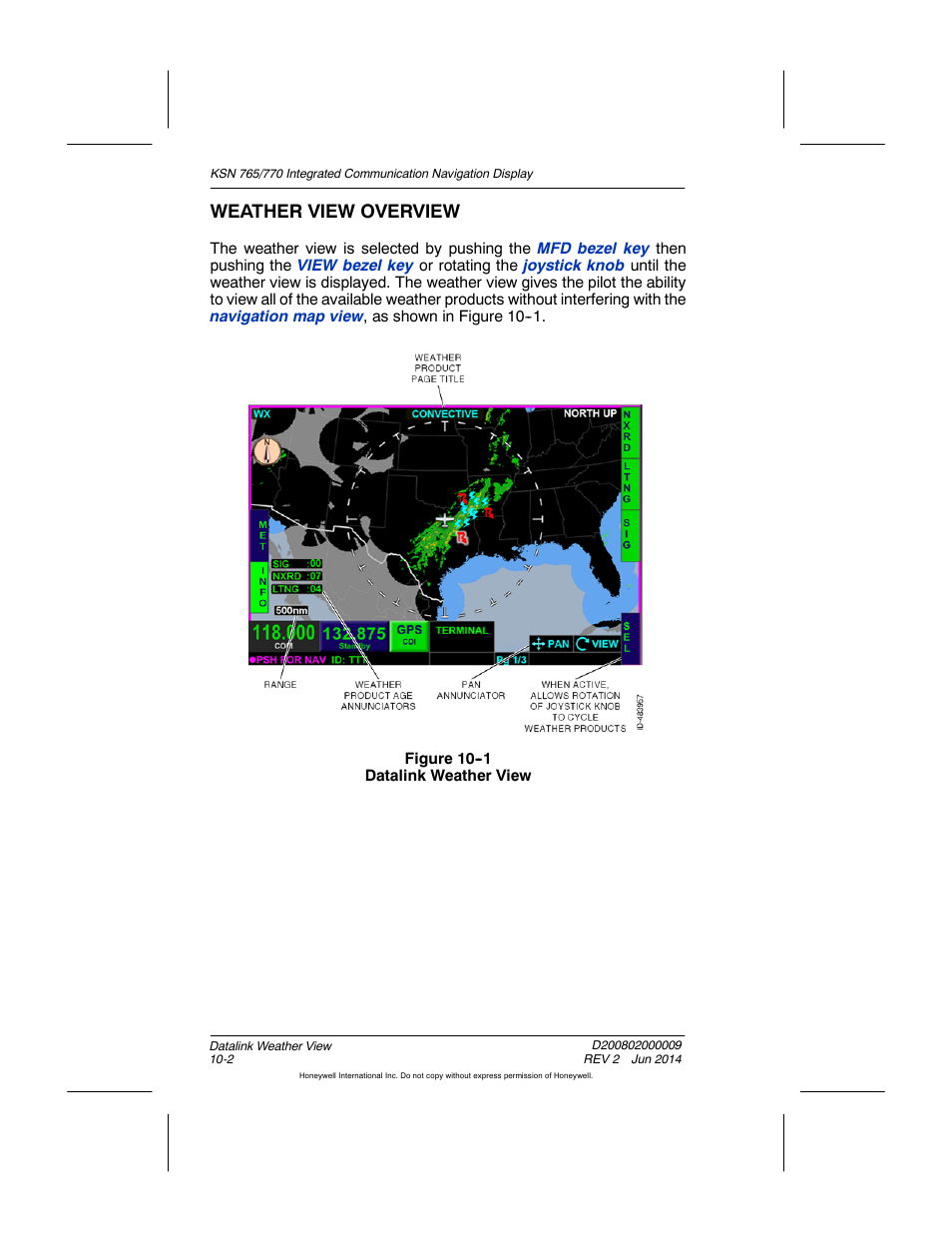 Figure 10-1 datalink weather view, Weather view overview | BendixKing KSN 770 - Pilots Guide User Manual | Page 192 / 467