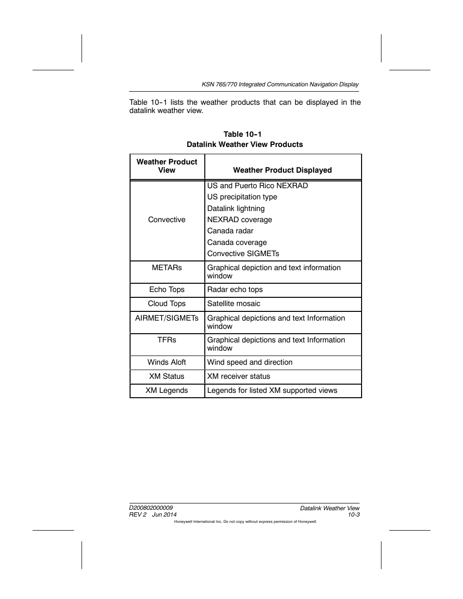 Table 10-1 datalink weather view products | BendixKing KSN 770 - Pilots Guide User Manual | Page 193 / 467