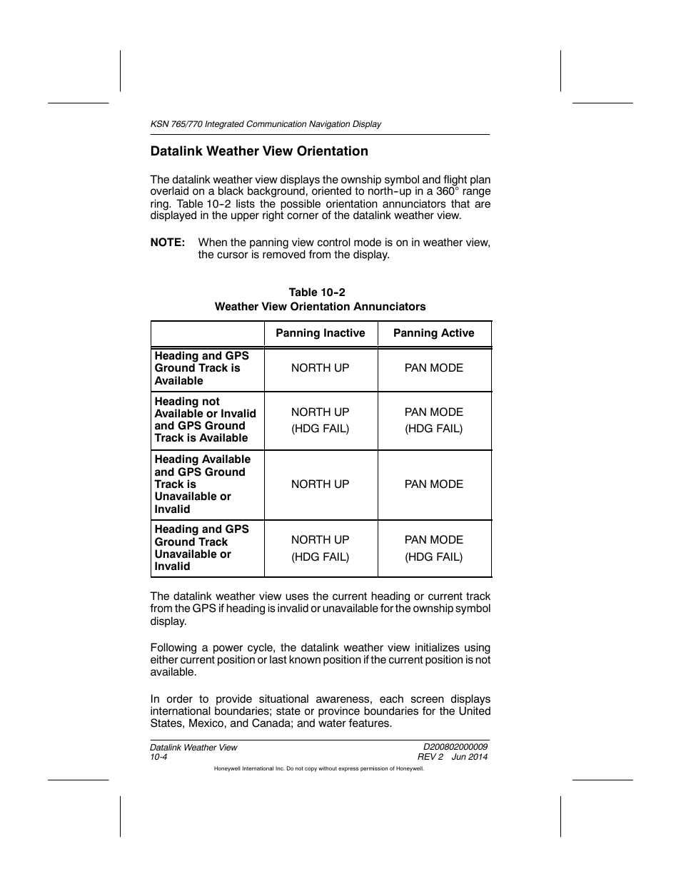 Table 10-2 weather view orientation annunciators, Datalink weather view orientation | BendixKing KSN 770 - Pilots Guide User Manual | Page 194 / 467