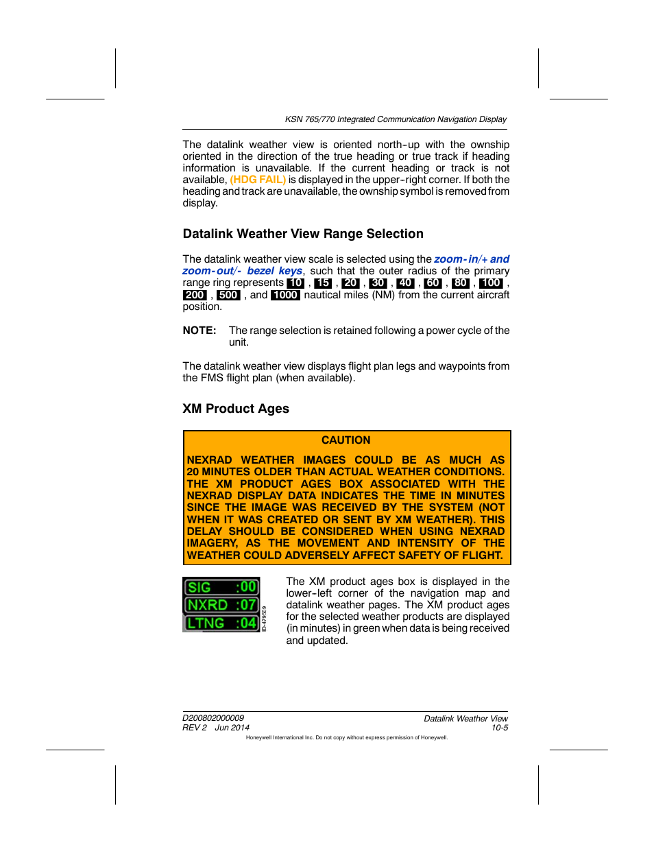 Datalink weather view range selection, Xm product ages | BendixKing KSN 770 - Pilots Guide User Manual | Page 195 / 467