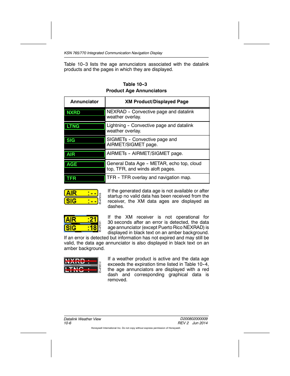Table 10-3 product age annunciators | BendixKing KSN 770 - Pilots Guide User Manual | Page 196 / 467