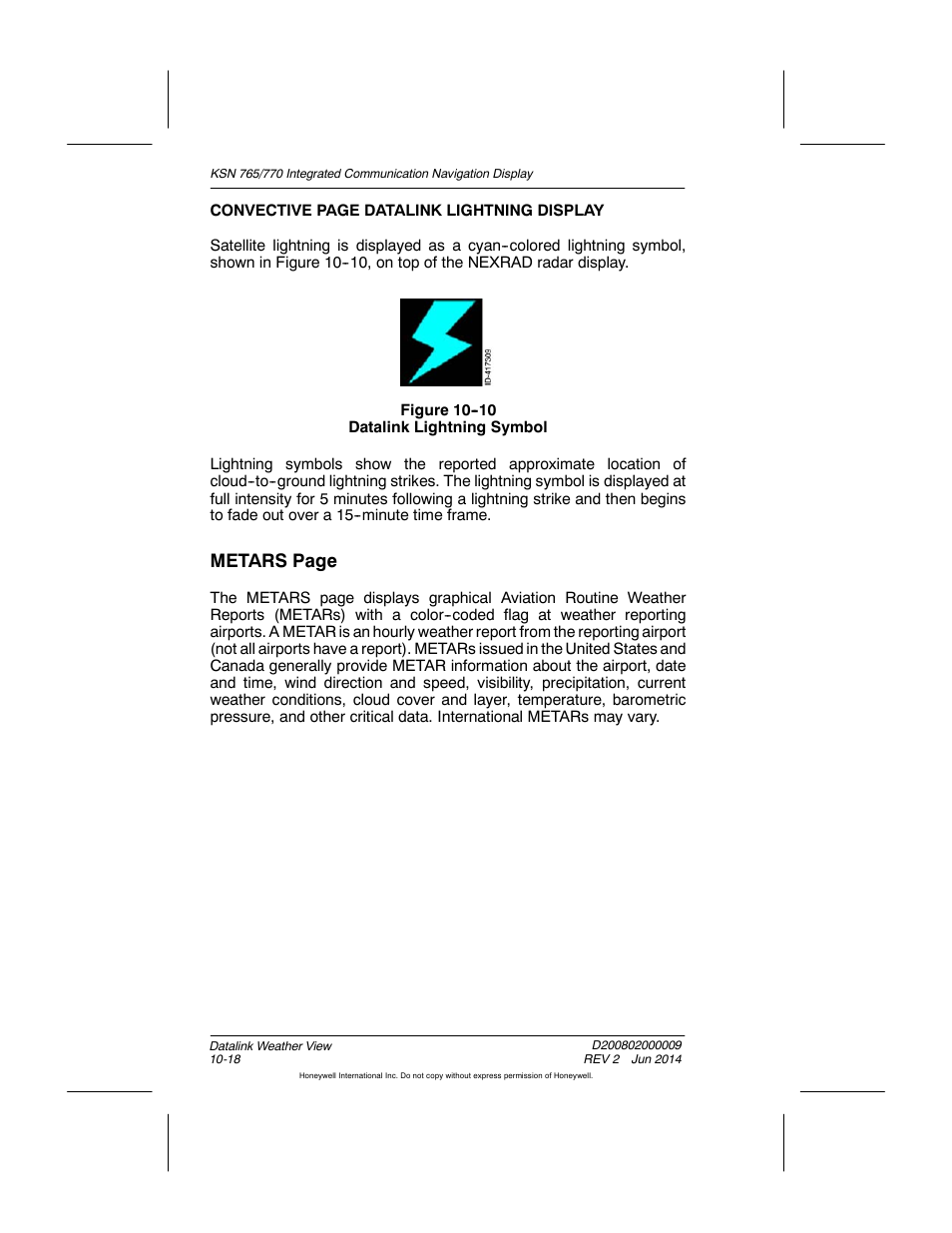 Figure 10-10 datalink lightning symbol, Metars page | BendixKing KSN 770 - Pilots Guide User Manual | Page 208 / 467