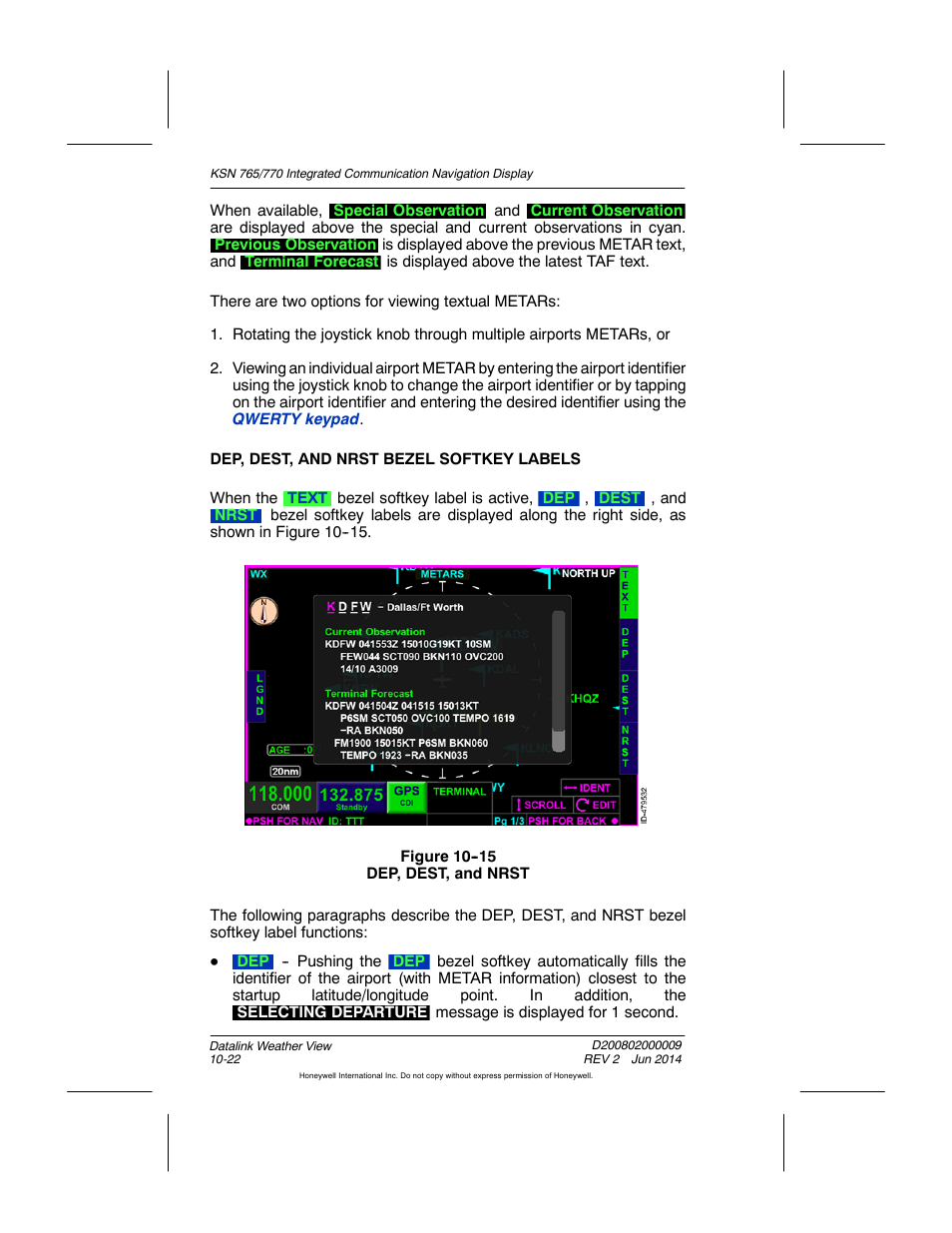 Figure 10-15 dep, dest, and nrst | BendixKing KSN 770 - Pilots Guide User Manual | Page 212 / 467