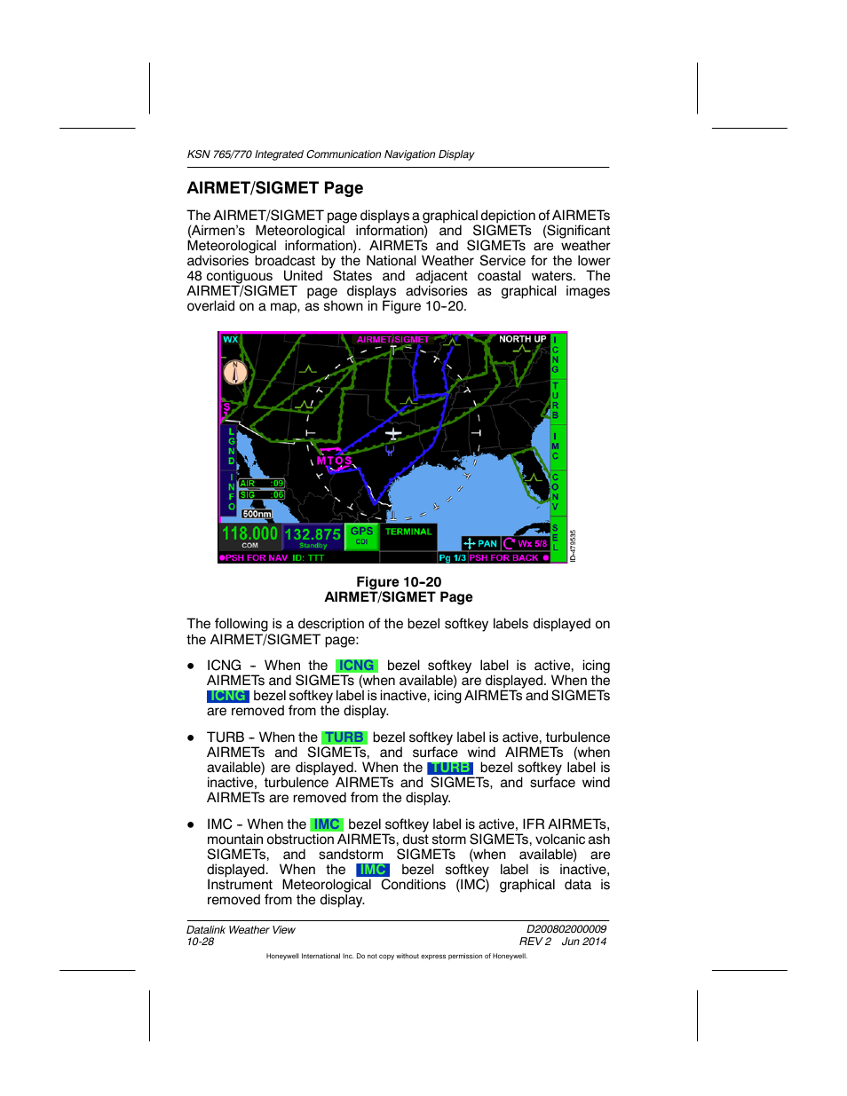 Airmet/sigmet page | BendixKing KSN 770 - Pilots Guide User Manual | Page 218 / 467