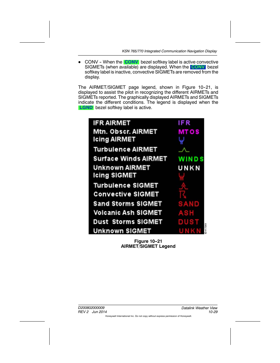 Figure 10-21 airmet/sigmet legend | BendixKing KSN 770 - Pilots Guide User Manual | Page 219 / 467