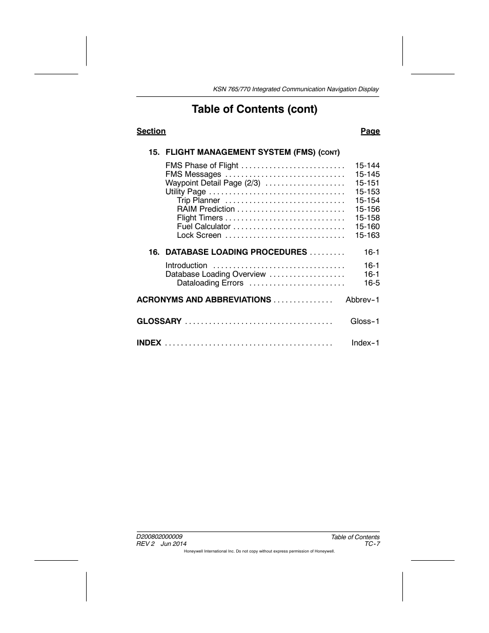 Table of contents (cont) | BendixKing KSN 770 - Pilots Guide User Manual | Page 22 / 467