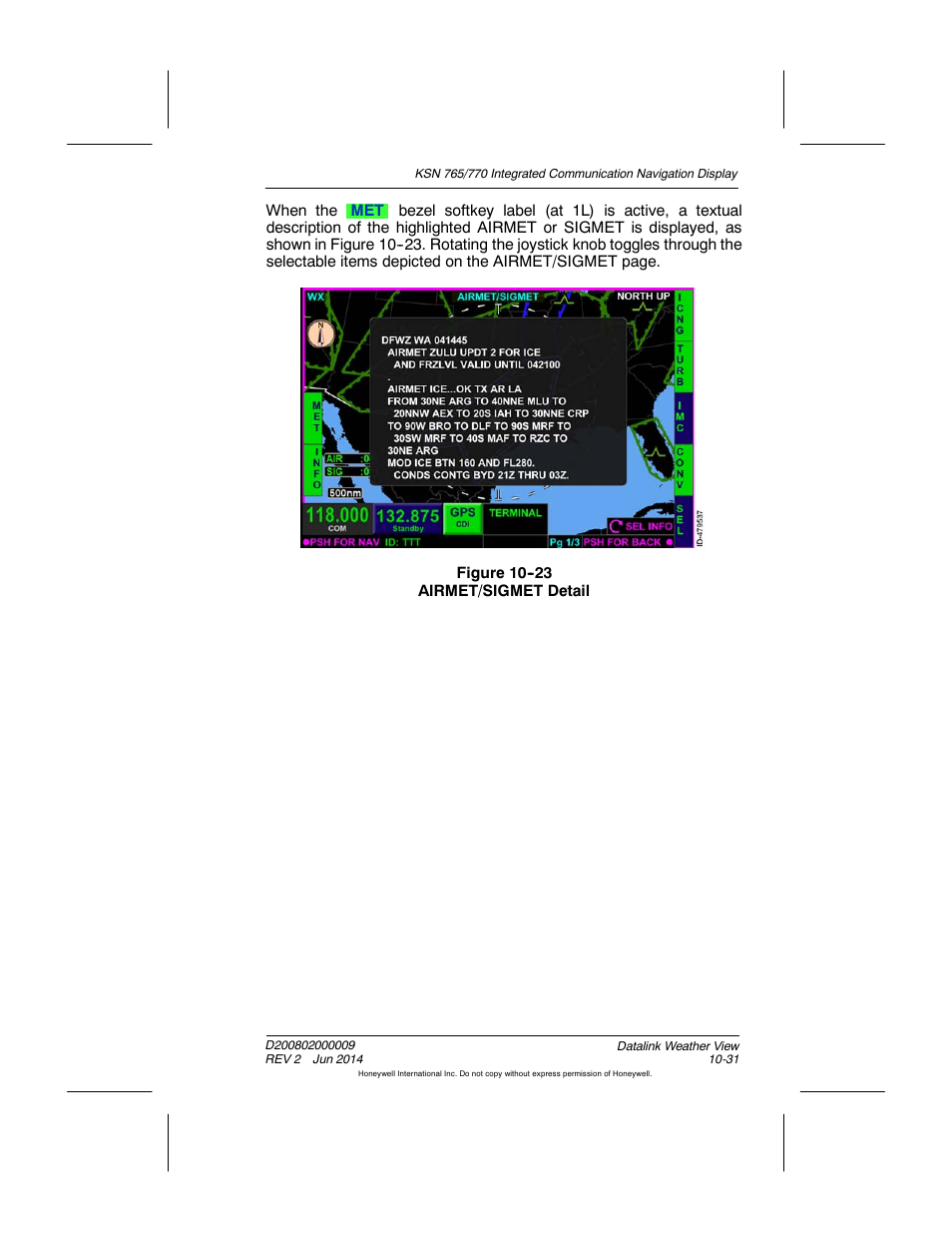 Figure 10-23 airmet/sigmet detail | BendixKing KSN 770 - Pilots Guide User Manual | Page 221 / 467