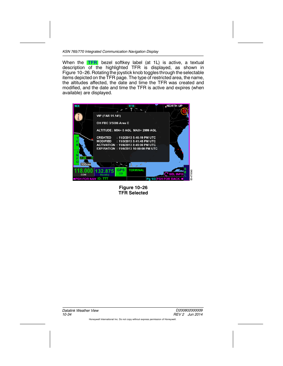 Figure 10-26 tfr selected | BendixKing KSN 770 - Pilots Guide User Manual | Page 224 / 467