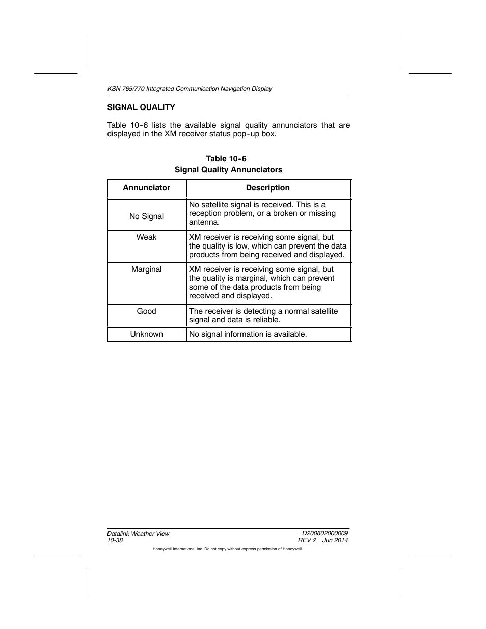 Table 10-6 signal quality annunciators | BendixKing KSN 770 - Pilots Guide User Manual | Page 228 / 467