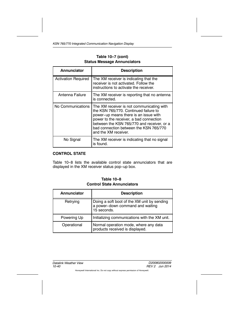 Table 10-8 control state annunciators | BendixKing KSN 770 - Pilots Guide User Manual | Page 230 / 467