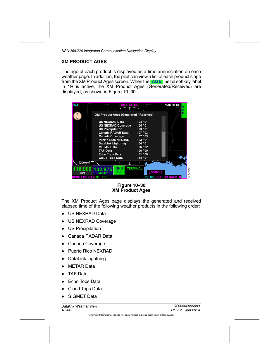 Figure 10-30 xm product ages | BendixKing KSN 770 - Pilots Guide User Manual | Page 234 / 467