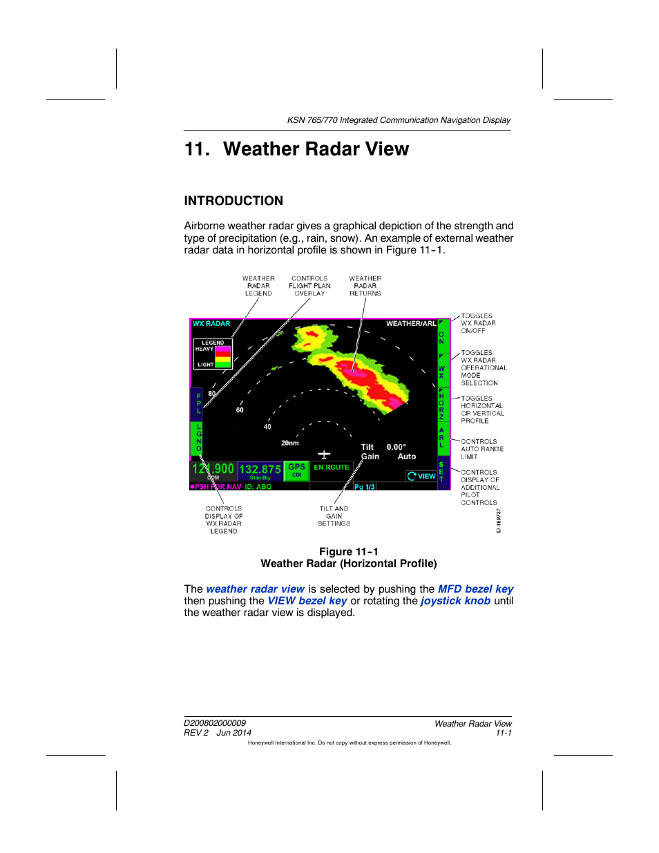 Figure 11-1 weather radar (horizontal profile), Weather radar view, Introduction | BendixKing KSN 770 - Pilots Guide User Manual | Page 237 / 467
