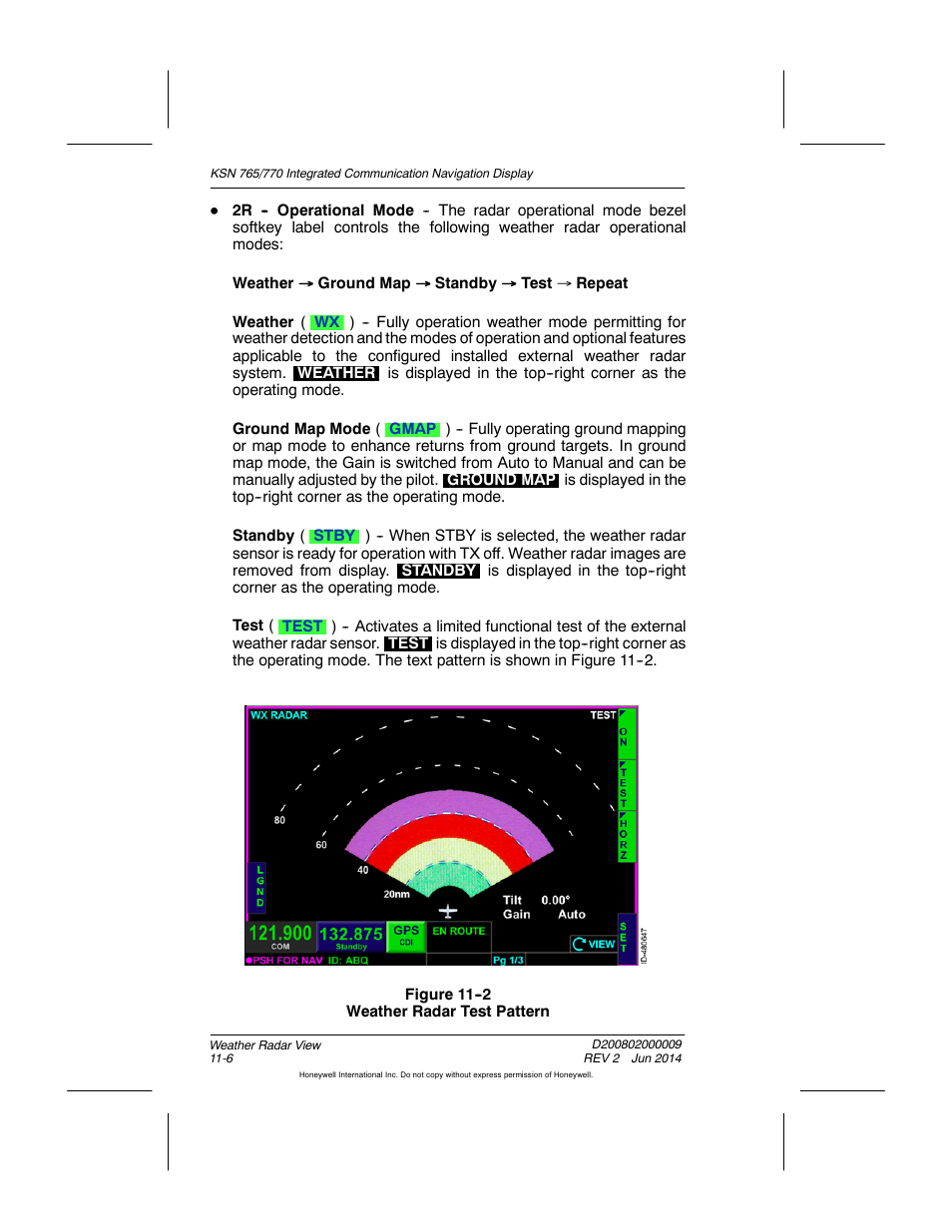 Figure 11-2 weather radar test pattern | BendixKing KSN 770 - Pilots Guide User Manual | Page 241 / 467