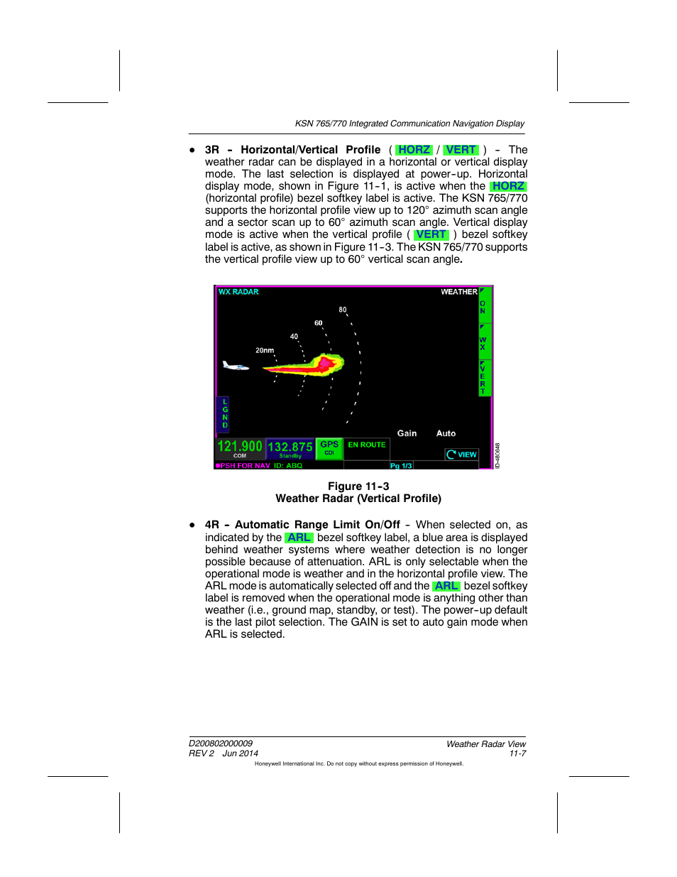 Figure 11-3 weather radar (vertical profile) | BendixKing KSN 770 - Pilots Guide User Manual | Page 242 / 467