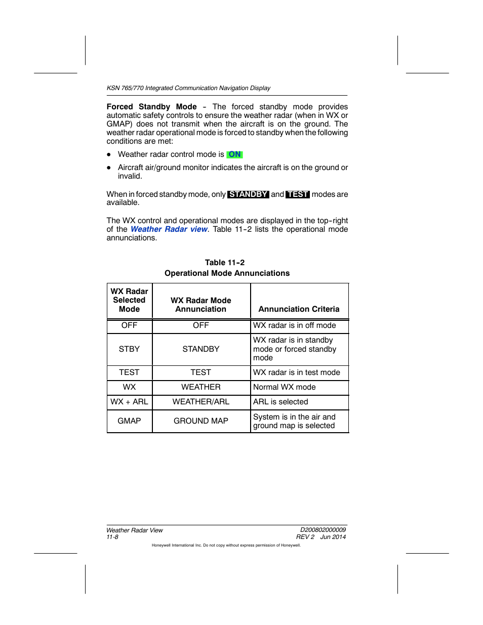 Table 11-2 operational mode annunciations | BendixKing KSN 770 - Pilots Guide User Manual | Page 243 / 467